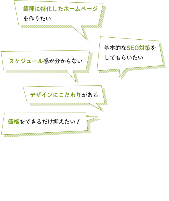 業種に特化したホームページを作りたい スケジュール感が分からない 基本的なSEO対策をしてもらいたい デザインにこだわりがある 価格をできるだけ抑えたい！